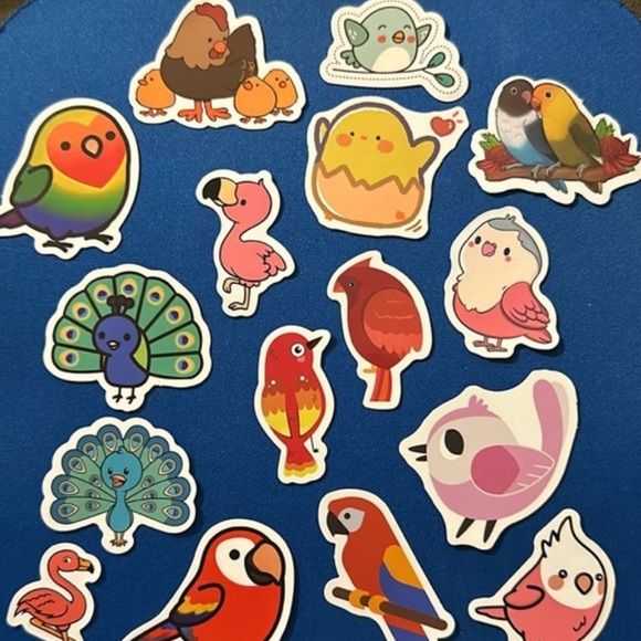 NEW! - Set of 16 bird stickers - peacock flamingo hen chicken parrot parakeet - Picture 1 of 8